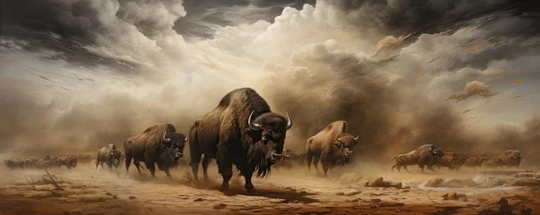 Papier Peint photo Bison Horde of angry buffalos running to camera. cloud of dust everywhere.
