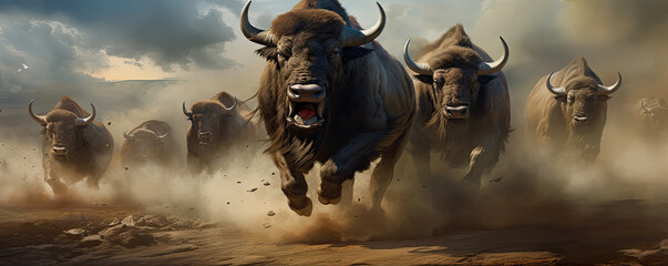 Horde of angry buffalos running to camera. cloud of dust everywhere.