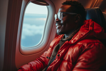 smile man in red jacket and glasses sitting in seat in airplane and looking out window