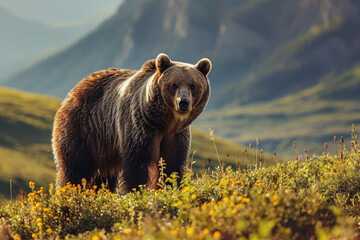 A grizzly bear standing tall in a lush mountain meadow