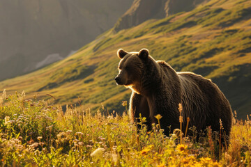 A grizzly bear standing tall in a lush mountain meadow