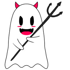Cute halloween ghost carrying devil stick. Vector Halloween concept, Cartoon Ghosts, Spooky vector, White ghost with black eyes.
