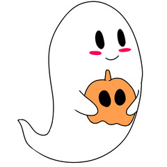 Cute halloween ghost carrying a pumpkin. Vector Halloween concept, Cartoon Ghosts, Spooky vector, White ghost with black eyes, 