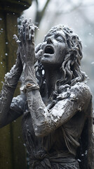 Fototapeta premium A Dark stone statue under the snow in Nordic screaming