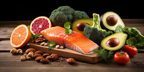 Healthy food for ketogenic diet concept on black background. Foods high in vitamins, minerals and antioxidants. A selection of foods including salmon avocado avocado and nuts selection of healthy food - obrazy, fototapety, plakaty