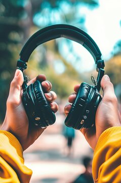 Music at Your Fingertips - Hands Holding Headphones with a Blurred Nature Background