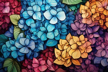 Fototapeta na wymiar Hydrangeas Hortensia Flowers Pattern Painting, Retro Wildflower Textile Art, Romantic Greeting Card Background, Colorful Vintage Garden Design