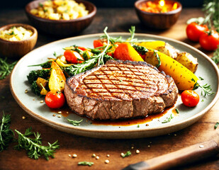 Grilled meat steak with vegetables