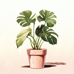 Elegance in simplicity: monstera plant in modern environment, botanical watercolor illustration