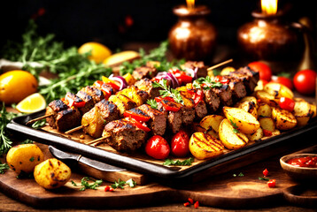 side view meat kebab with grilled potatoes and vegetables with sauce