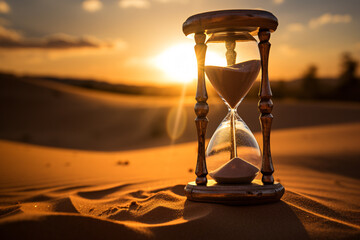 Timeless scene of an hourglass placed on the desert sand with the vast dunes stretching in the background during sunset with warm golden-hour