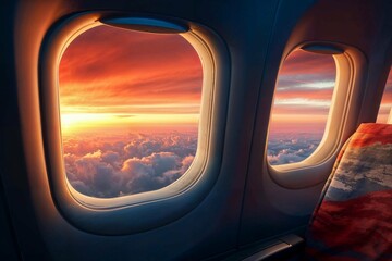 Naklejka premium View from airplane window at sunset. Generative Ai.