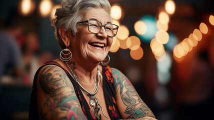Portrait of a 80 years old tattooed modern caucasian woman at nightlife in a club.