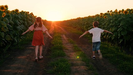 Brother, sister fantasize about flying into sunset. Cheerful children play, run with their hands...