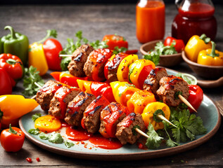 shish kebab with colorful bell peppers served with ketchup