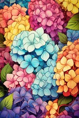 Fototapeta na wymiar Pink and Blue Hydrangeas Hortensia Flowers Pattern Painting, Retro Wildflower Textile Art, Romantic Greeting Card Background, Colorful Vintage Garden Design