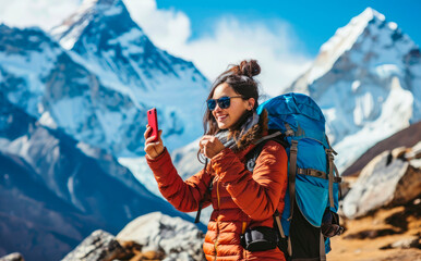 Everest Triumph: A smiling native woman with a backpack takes a selfie near the Everest summit, exuding joy and triumph in her incredible travel adventure through the Himalayas.

