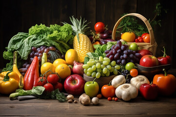 Heap of fresh fruits and vegetables on wooden background 