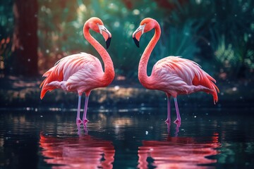 Fototapeta premium Pink flamingos standing in a lake