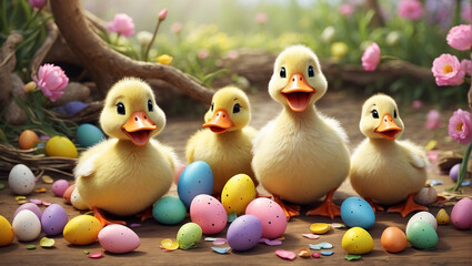 cute easter ducklings with eggs on a spring meadow. - obrazy, fototapety, plakaty