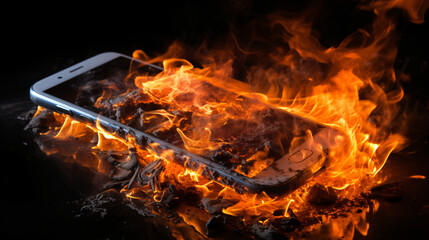 Mobile phone smartphone on fire. Burning smartphone