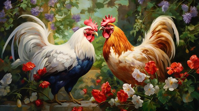 Masterpiece in Motion: An Oil Painting Depicting the Dynamic Battle of Two Fighting Roosters, Capturing the Essence of Fierce Competition and Majestic Struggle - AI Generative