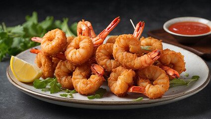 Fried shrimp in batter with a crispy crust. Restaurant serving with herbs, lemon on a dark background