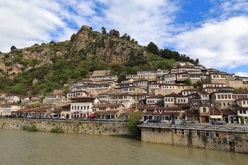 'Thousand Windows' or 'Windows over Windows' houses in Mangalem district seen from Osum river south...