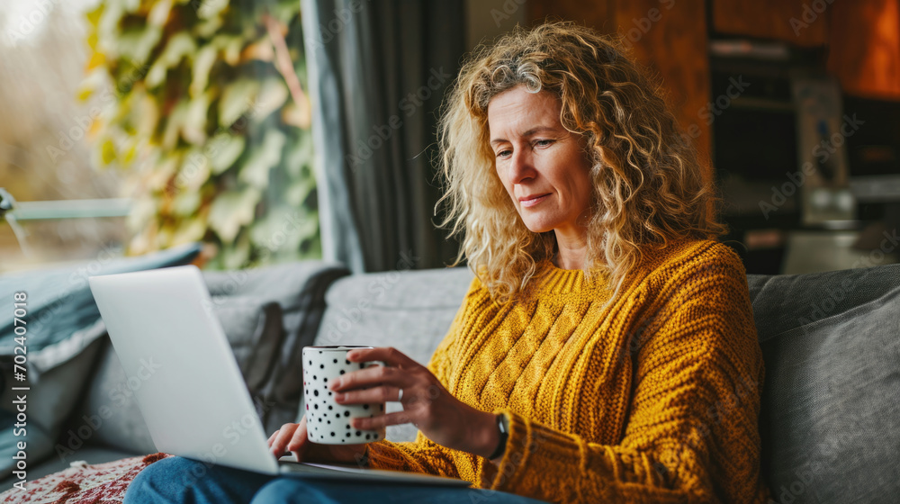 Poster Woman with curly hair is comfortably sitting on a sofa, holding a polka-dotted mug, and using a laptop