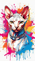 Sphynx cat on the background of colored spots of paint. White background. Print for T-shirts