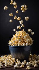 Obraz na płótnie Canvas popcorn in a plate and around it on a dark background