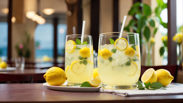 lemonade with ice. Serve in a glass with lemon wedges and ice cubes