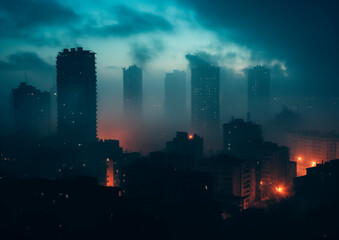 Night time landscape of city with neon lights and big skyscrapers