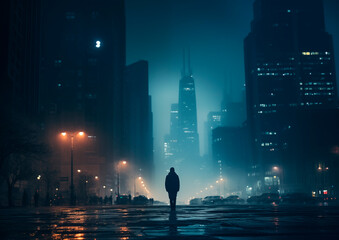 Night time landscape of city with neon lights and big skyscrapers