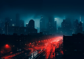 Night time landscape of city with neon lights and big skyscrapers