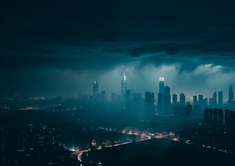 Night time landscape of city with neon lights and big skyscrapers