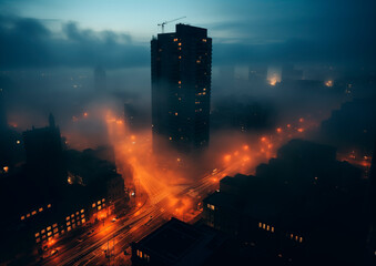 Night time landscape of city with neon lights and big skyscrapers