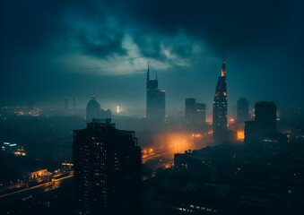 Night time landscape of city with neon lights and big skyscrapers