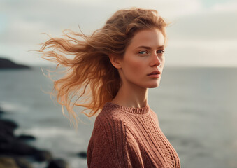 Young adult woman looking a tthe camera at the beach with sun on her skin