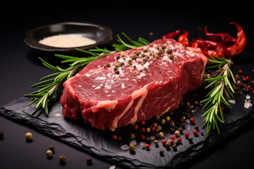 Raw beef steak with spices on a dark background