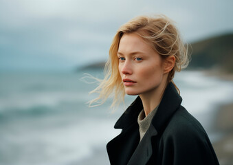 Young adult woman looking a tthe camera at the beach with sun on her skin