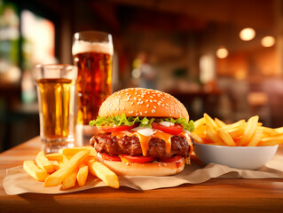 Delicious juicy bruger with fries and beer