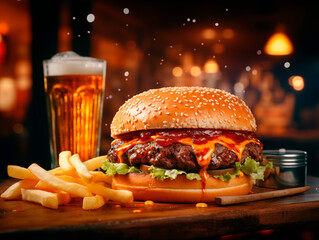 Delicious juicy bruger with fries and beer