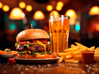 Delicious juicy bruger with fries and beer