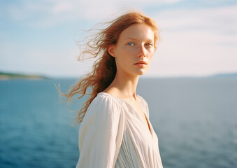 Young adult woman looking a tthe camera at the beach with sun on her skin