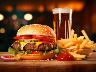 Delicious juicy bruger with fries and beer