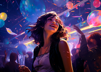 Young adult woman partying at a disco with confetti and lights