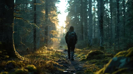 Foto op Plexiglas Dark Forest, person tracking through the woods, wide shot, dense pine forest at dusk. © Татьяна Креминская