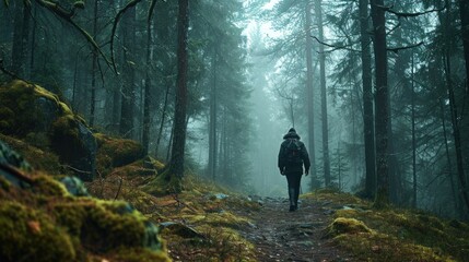 Dark Forest, person tracking through the woods, wide shot, dense pine forest at dusk.