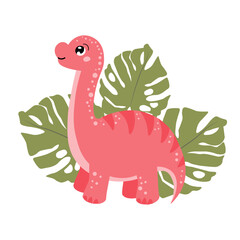 Cute funny cartoon dinosaur on a white background. Print, illustrtation, vector